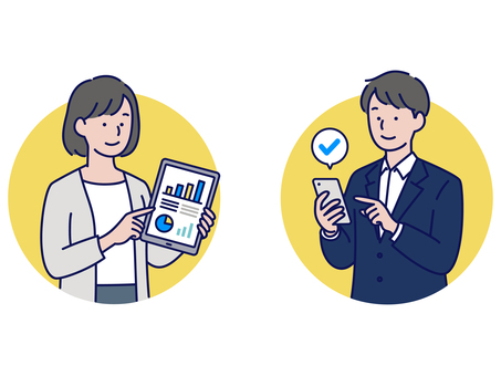 端末でデータ確認するビジネス男女 人物,男性,女性,ビジネス,データ,確認,説明,作業,タブレット,スマホのイラスト素材