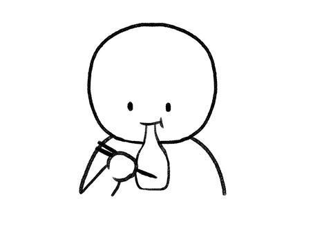 箸で餅を食べる棒人間線画 棒人間,人物,餅,食事,正月,手描き,落書き,表情,黒,シンプルのイラスト素材