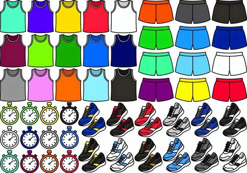 陸上部のアイテムです。 運動,シンプル,スポーツシューズ,ストップウォッチ,タンクトップ,短パン,ランニング,ウォーキング,マラソン,駅伝のイラスト素材