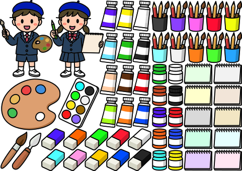 美術のアイテムです。 美術,シンプル,スケッチブック,絵の具,水彩,油,パレット,チューブ,パレットナイフ,筆のイラスト素材