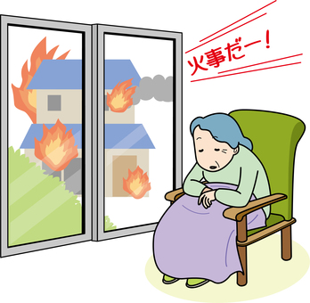 火事に気がつかない難聴のシニア 火事に気がつかない難聴のシニア 独居老人,シニア,加齢,難聴,居眠り,呼びかけ,無反応,災害,火災のイラスト素材