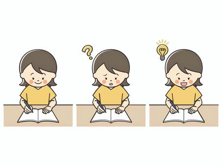 勉強をする若い女性のセット 勉強,宿題,学習,テスト,学ぶ,課題,塾,授業,大学生,学生のイラスト素材