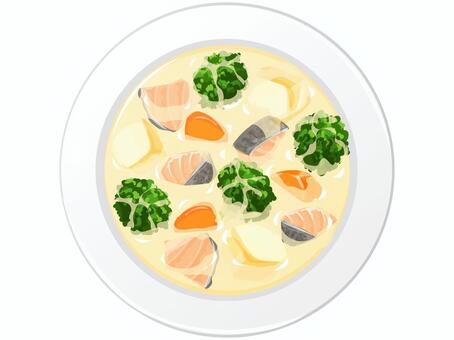 鮭のクリームシチュー シチュー,スープ,料理,じゃがいも,にんじん,ブロッコリー,食べ物,冬,皿,魚のイラスト素材