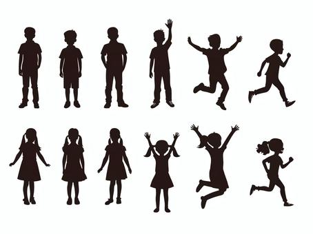 シルエット【子供】セット 人,全身,子供,男の子,女の子,立ち姿,手を挙げる,ジャンプ,走る,アクションのイラスト素材