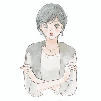 腕組みをした不満そうな女性(ショート)