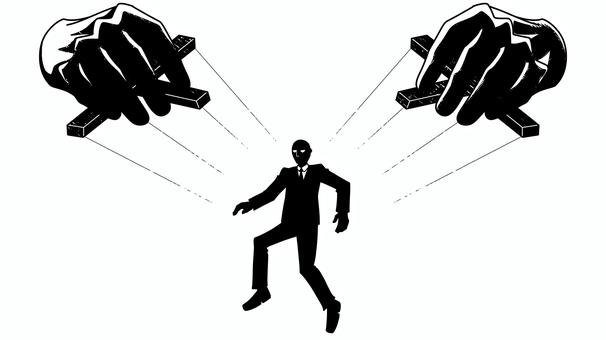 操られるスーツの人物 操り人形,人間,ビジネスマン,スーツ,社会,支配,権力,コントロール,糸,操作のイラスト素材