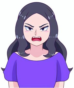怒った顔の黒髪つり目の女性のイラスト