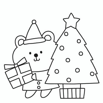 クリスマスツリーとくま クリスマス,ツリー,くま,動物,プレゼント,サンタ,帽子,冬,モノトーン,塗り絵のイラスト素材