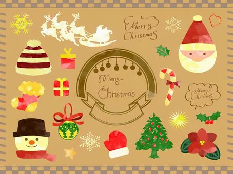 クリスマスイラストセット手書き水彩画10 クリスマス,サンタクロース,水彩画,手描き,枠,フレーム,セット,飾り枠,花,プレゼントのイラスト素材