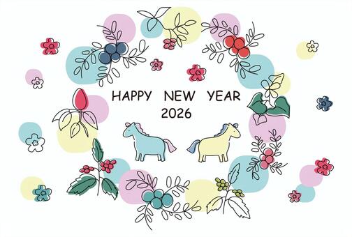北欧風ステキな植物と馬の年賀状 年賀状,北欧,馬,花,2026年,令和8年,午年,干支,手書き,はがきのイラスト素材