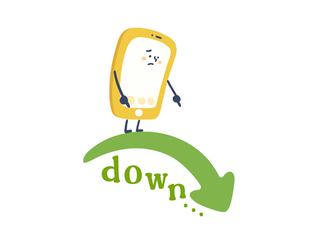 スマホさん（ダウン） スマホ,デジタル,やじるし,down,ダウン,下降,下,下がる,携帯,電子機器のイラスト素材
