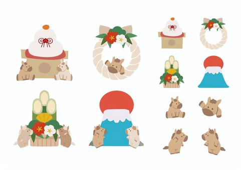 A4:午年お馬さんとお正月モチーフセット 午年,馬,動物,干支,鏡餅,しめ縄,門松,富士山,朝日,扇のイラスト素材
