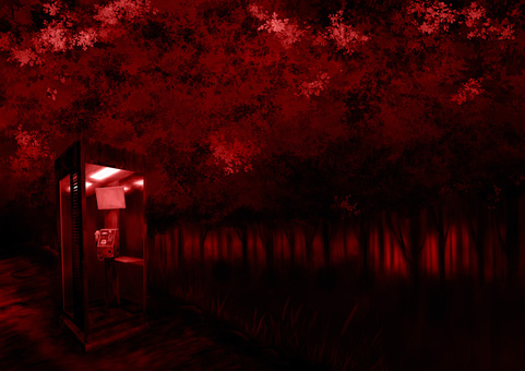 夜の心霊スポットの不気味な電話ボックス赤 電話ボックス,心霊スポット,公衆電話,不気味,怖い,ホラー,恐怖,オカルト,電話,お化けのイラスト素材