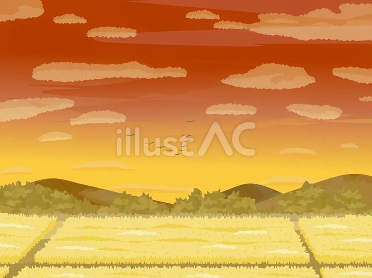 秋の日本の田園風景のイラスト素材 秋,夕暮れ,夕空のイラスト素材