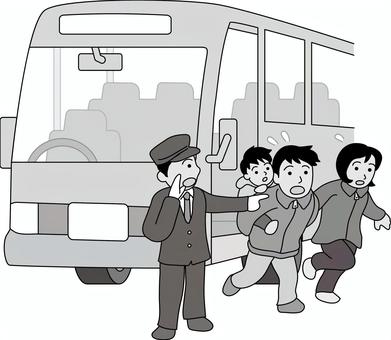 【防災素材】バスから避難する家族 1色