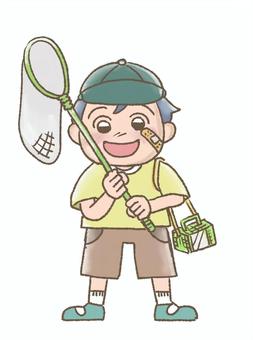 虫取りの男の子 昆虫採集,虫取りアミ,虫かご,男の子,夏のイラスト素材