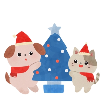 クリスマスツリーと犬猫 クリスマス,ツリー,犬,猫,動物,青,サンタ,帽子,マフラー,冬のイラスト素材