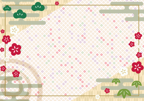 新春チラシ背景-31 背景,和柄,フレーム,雲,霞,霞文様,梅,矢絣,鹿の子,松のイラスト素材