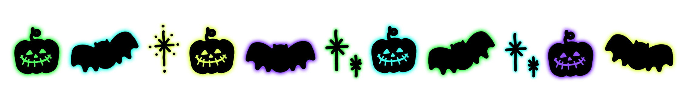 ネオンカラーのハロウィン飾りライン③ ハロウィン,ライン,装飾,横長,かぼちゃ,ジャックオーランタン,コウモリ,キラキラ,星,ネオンカラーのイラスト素材