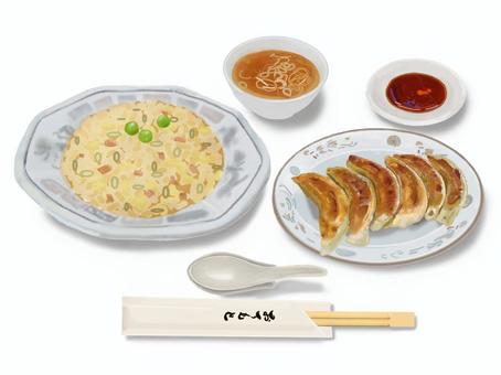 チャーハンと餃子（スープ・レンゲ付き）3 チャーハン,炒飯,ギョーザ,餃子,スープ,レンゲ,箸,タレ,中華料理,中華料理店のイラスト素材