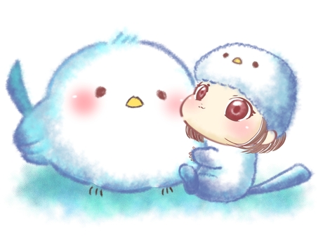 シマエナガと小さい女の子イラスト⭐︎ シマエナガ,鳥,女の子,着ぐるみ,かわいい,手書き,ほわほわのイラスト素材