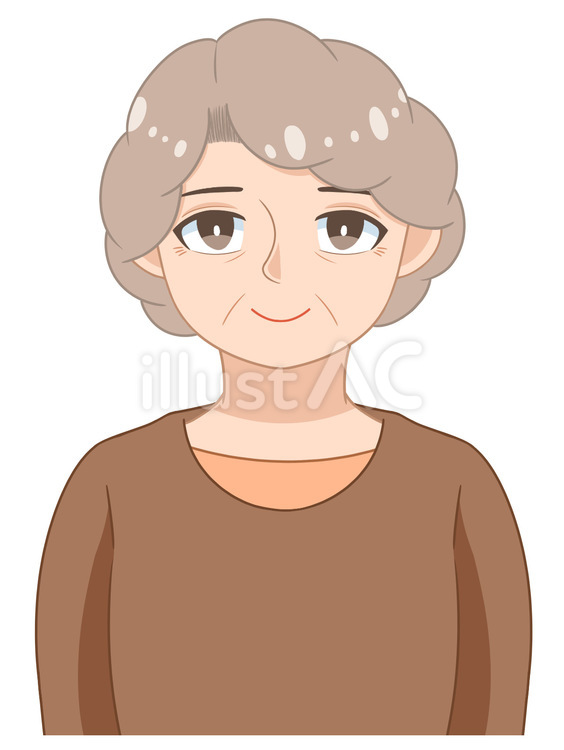 パーマヘアのおばあさんのイラスト 手描き,シンプル,正面のイラスト素材