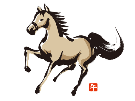 筆で描いた前脚を上げた馬　C 馬,年賀状,午,午年,年賀,ウマ,新年,筆,手書き,和風のイラスト素材