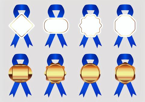 交差リボン付きのラベルとメダルのセット青 リボン,ラベル,メダル,シール,飾り,帯,ラッピング,賞,アワード,印のイラスト素材