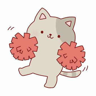 応援ねこ 応援,猫,ポンポン,運動会,赤組,動物,線画,可愛い,ゆるい,手描きのイラスト素材