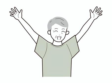 両手を上にあげ笑顔のシニア男性／カラー 上半身,半袖,両手,バンザイ,笑顔,おじいさん,老人,高齢者,シニア,高齢男性のイラスト素材