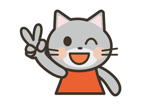 笑顔でピースをするかわいい猫の上半身 猫,ピース,かわいい,笑顔,喜ぶ,嬉しい,元気,笑う,動物,キャラクターのイラスト素材