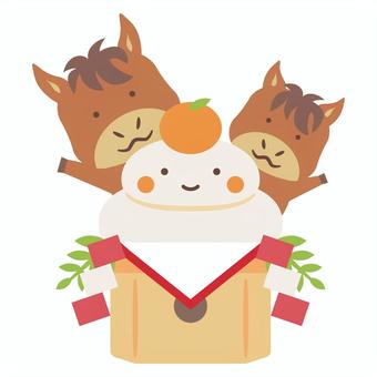馬の親子と鏡餅 午年,馬,鏡餅,親子,縁起物,年賀状素材,仔馬,お正月,かわいい,表情のイラスト素材