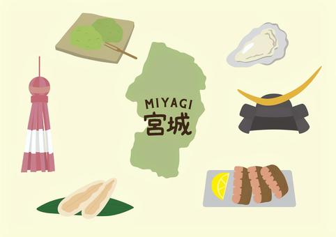 宮城イラストセット 宮城,仙台,牛タン,ずんだ餅,牡蠣,七夕祭り,笹かまぼこ,伊達政宗,地図,ご当地のイラスト素材