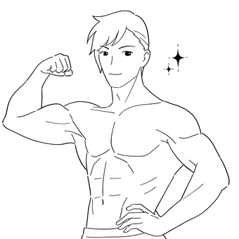筋肉ムキムキの男性　白黒イラスト 男性,男子,筋肉,筋トレ,ムキムキ,マッチョ,鍛える,力こぶ,成功,やる気のイラスト素材