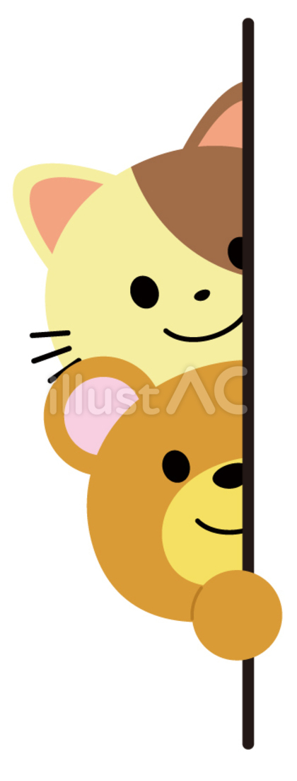 壁からひょっこり顔を出すクマとねこ