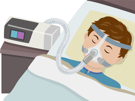 シーパップを着ける男性 シーパップ,睡眠時,無呼吸症候群,cpap,睡眠,障害,眠る,寝る,就寝,健康のイラスト素材
