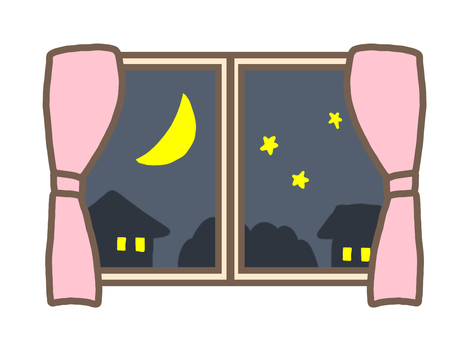 夜の窓 夜,窓,カーテン,月,星,夜空,家,あかり,ピンク,ゆるいのイラスト素材