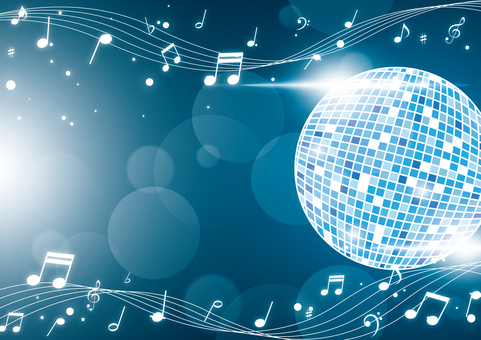 輝く青色のミラーボールと踊るような音符 音楽,音符,記号,楽譜,ミラーボール,光,フレア,玉ボケ,青色,背景のイラスト素材
