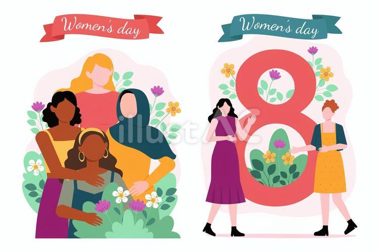 レディースデーのセット（4人の女性、黒人、白人など） レディースデー,国際女性デー,3月8日のイラスト素材