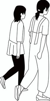 歩行者2人　 歩行者,歩く,若い,女性,2人,友達,カジュアル,線画,白黒のイラスト素材
