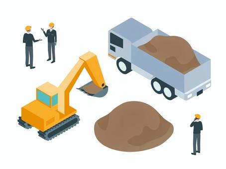 アイソメトリック_シャベルカーと作業員 アイソメトリック_シャベルカーと作業員 アイソメトリック,立体,アイソメ,斜め上,シャベルカー,トラック,作業員,人物,現場,建築のイラスト素材