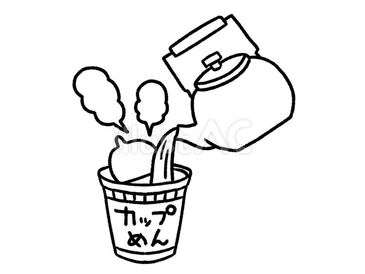 【白黒】カップ麵に湯を注ぐ【線画】 カップ麺,ラーメン,夜食のイラスト素材