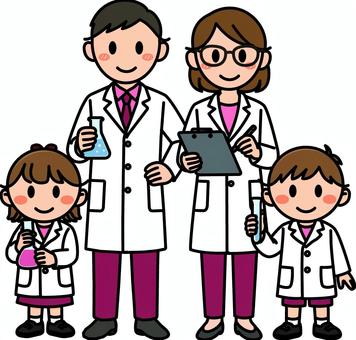 ボルドーの科学者の大人と子供です。 科学者,シンプル,白衣,実験,ラボ,フラスコ,化学,科学,発明,論文のイラスト素材