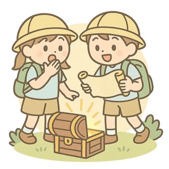 地図を見ながら宝箱を発見した子供たち