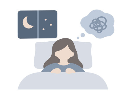 不眠症の女性 不眠症,睡眠障害,不眠,睡眠,眠れない,寝不足,寝つけない,中途覚醒,早朝覚醒,睡眠不足のイラスト素材