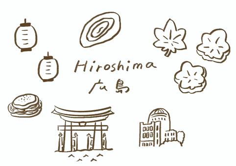 手描きの広島線画イラストセット 広島,hiroshima,手描き,名物,観光,宮島,鳥居,名産,食べ物,もみじ饅頭のイラスト素材