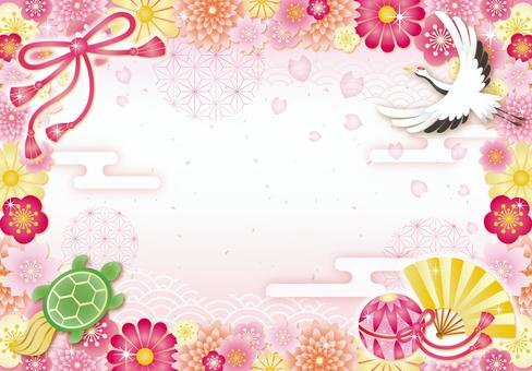 鶴亀和風花の豪華フレーム 鶴,亀,梅,桜,和,花,キラキラ,かわいい,フレーム,背景のイラスト素材