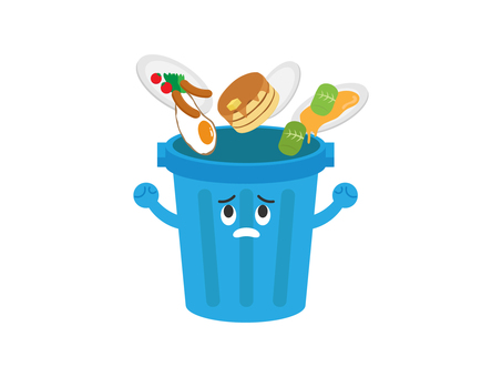 食品ロス5 ゴミ箱,食品,食べ物,廃棄,捨てる,生ごみ,ポリバケツ,食料,キャラクター,かわいいのイラスト素材
