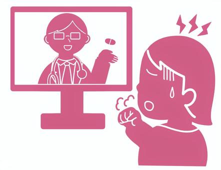 オンライン診療を受ける人のイラスト（赤） オンライン診療,診察,医者,患者,体調不良,風邪,コロナ,インフルエンザ,インフル,モニターのイラスト素材