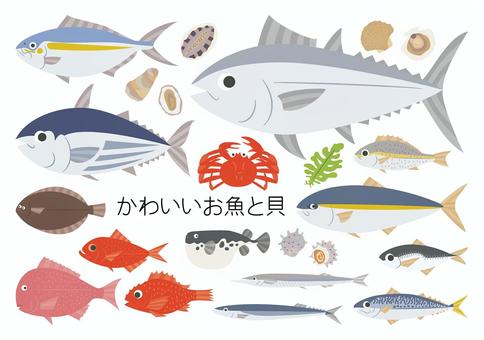 かわいいお魚と貝セット かわいいお魚と貝セット 魚,魚介類,鮮魚,キンメダイ,トラフグ,サンマ,サヨリ,マダイ,マコガレイ,アジのイラスト素材
